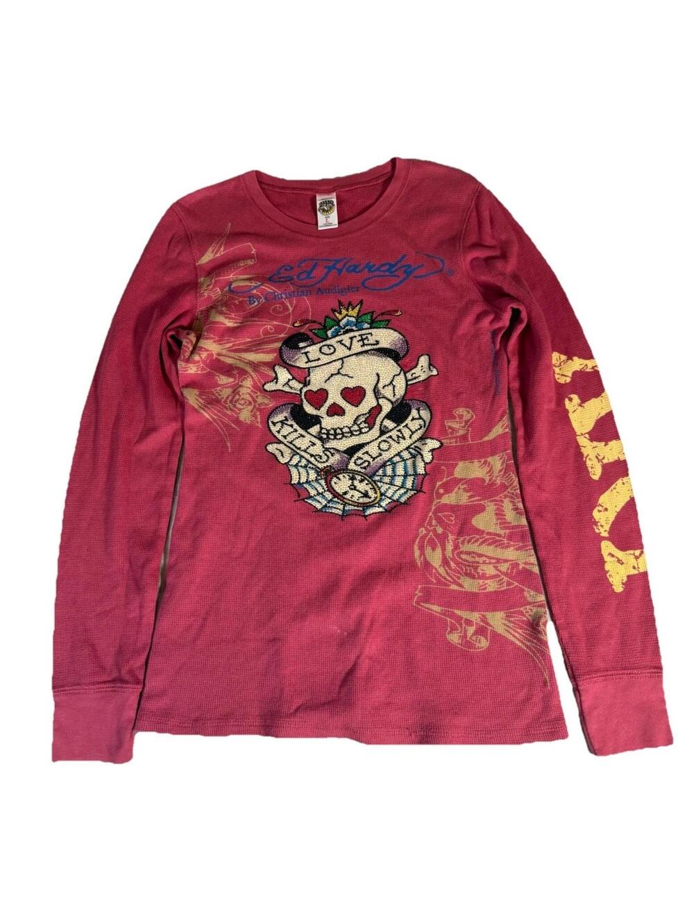 Ed Hardy Christian Audigier Shirt Thermal Long Sleeve Gemstone Art Red Women’s L